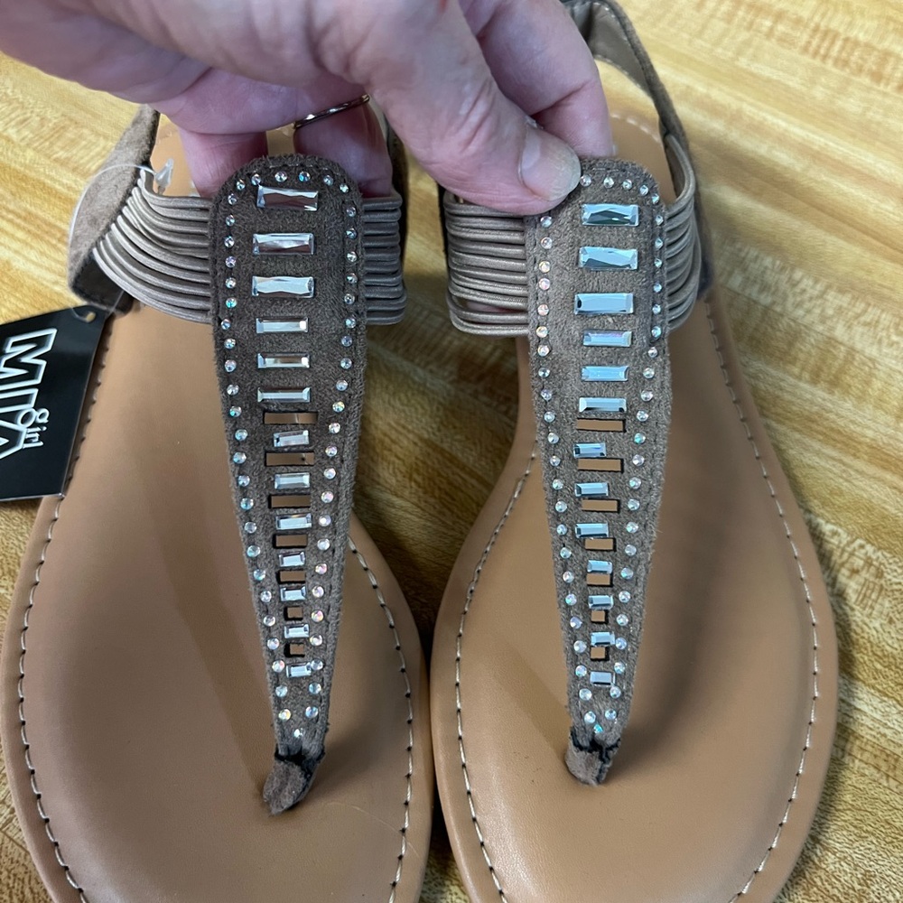 MIA Taupe Rhinestone T-Strap Sandals
